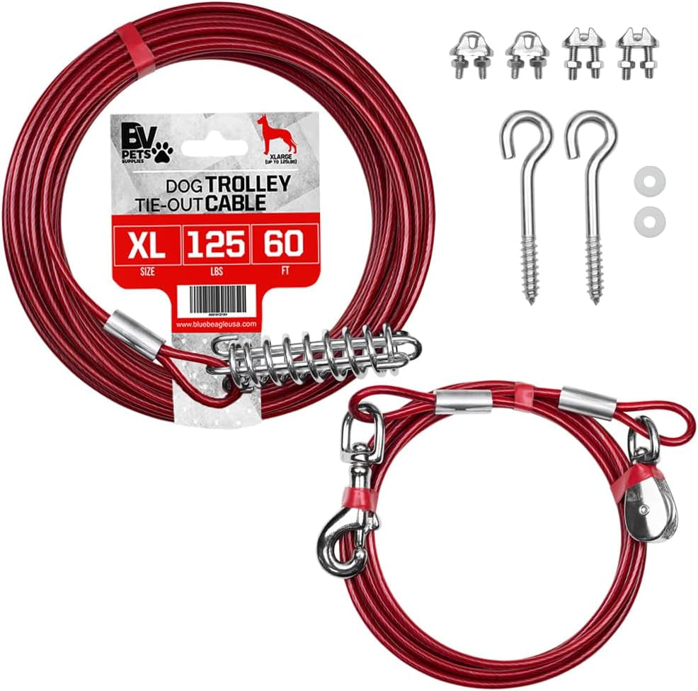 Pet Tie Out Cable for Dogs up to 90/125/ 250 Pounds, 25/30 Feet (125Lbs/ 60Ft/ Trolley)