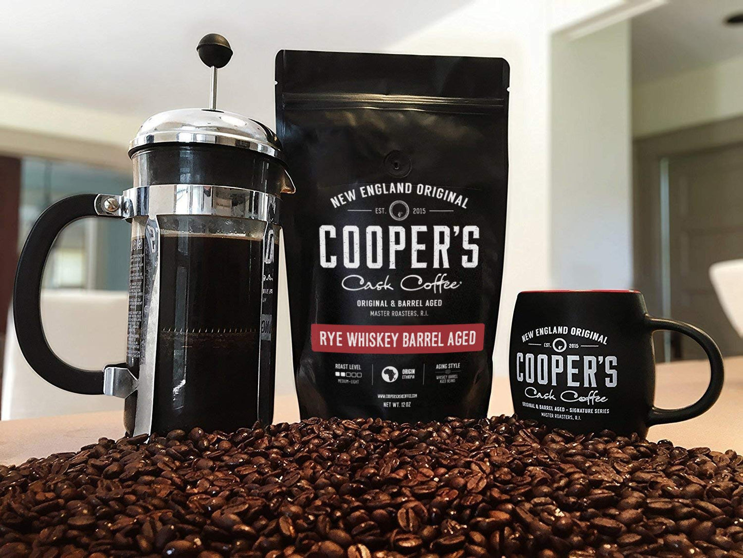 Rye Whiskey Barrel Aged Coffee, Single Origin Ethiopian Coffee Raw Beans Aged in Rye Whiskey Casks, Freshly Roasted 12 Oz Bags, Ground