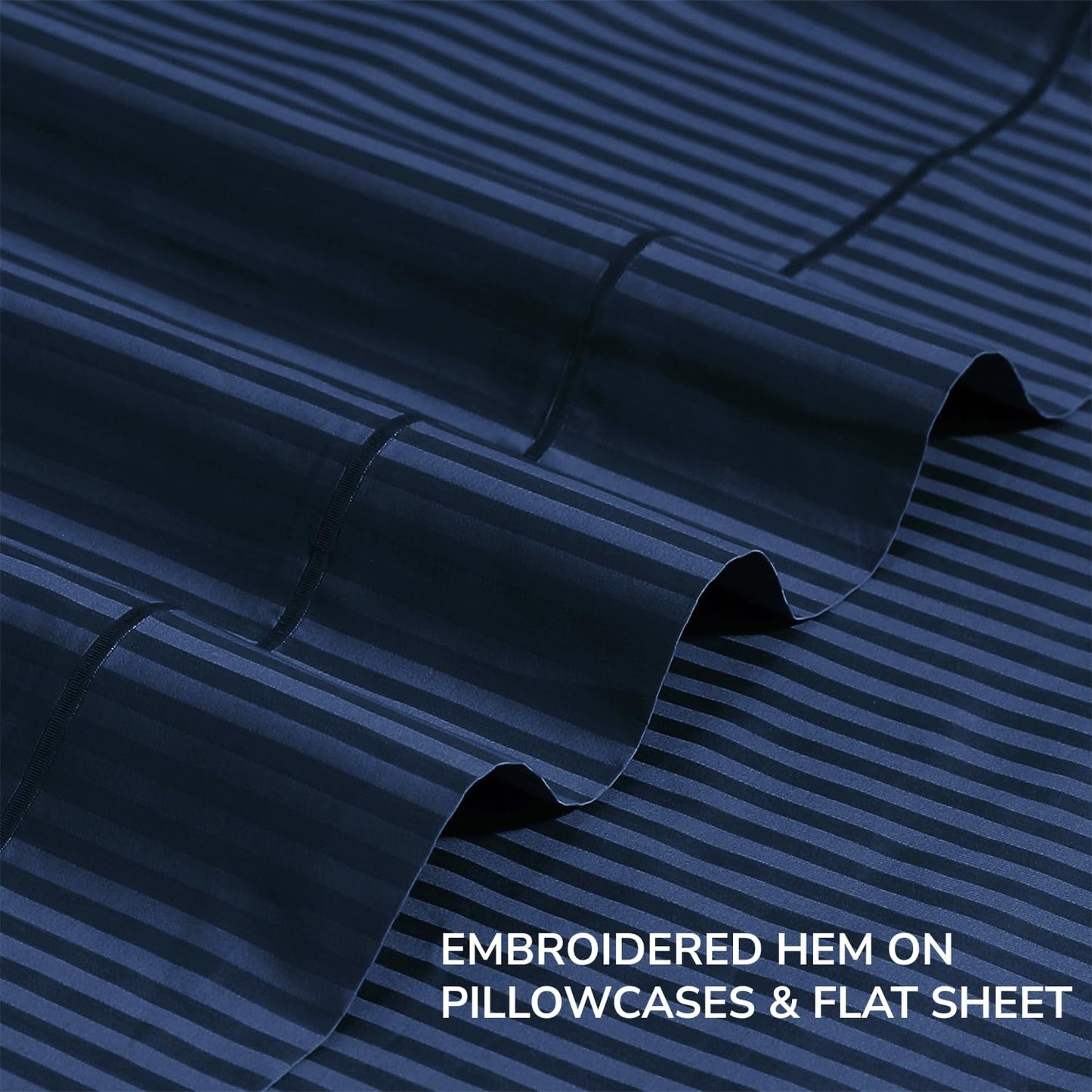 Feather & Stitch 500 TC California King Size Bed Sheet Set, 100% Cotton Soft Breathable Bedsheets, 4 Piece 18" Deep Pockets Sateen Weave Striped Bedding Mattress Resort Hotel - (Dark Blue Stripe)